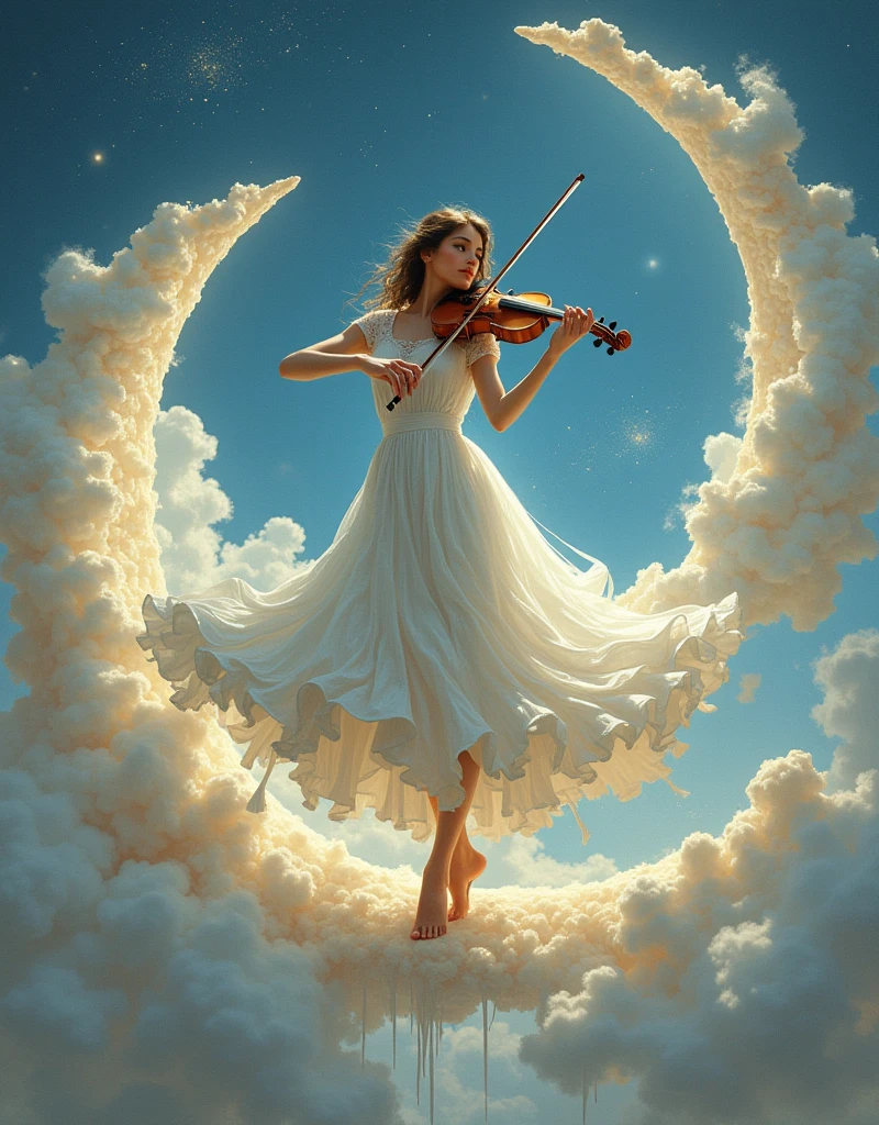 A beautiful girl dancing gracefully in a white dress，Playing the violin，Balancing on a crescent moon in a surreal and dreamy sky。从 1912 年之前的Surrealism绘画中发现的强烈、Inspired by weird visuals，Rendering the composition，Shows melted elements that appear to drip and deform smoothly。Using a digital painting style should capture the scene，Like watching through long exposure technique，Create a sense of continuous movement and transformation。Mysterious and ethereal picture，The soft moonlight fills the surroundings，Use soft brushstrokes to render the whimsy and enchantment of the moonlight fantasy，Realism，photography，Monet，Rococo style，Surrealism，Ethnic art，graphic design，Game texture，Delicate facial features, anatomically correct, textured skin, accurate, award winning, UHD