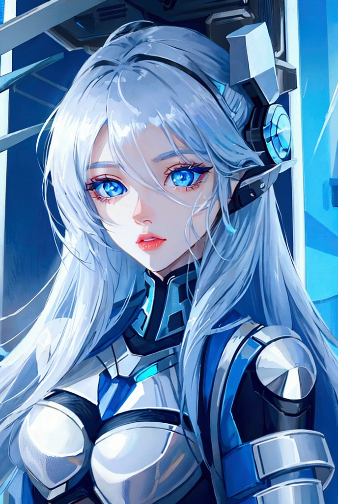 A close-up of a woman with blue eyes and a futuristic look., cyborg - girl with silver hair, crystal blue eyes, awesome anime face portrait, bright blue eyes, bright blue eyes, bright blue eyes, Hermosos bright blue eyes, bright blue eyes, 2b, 2b, sky blue eyes, Luminescent blue eyes, blue cyborg eyes, Cyberpunk Bionic Eye