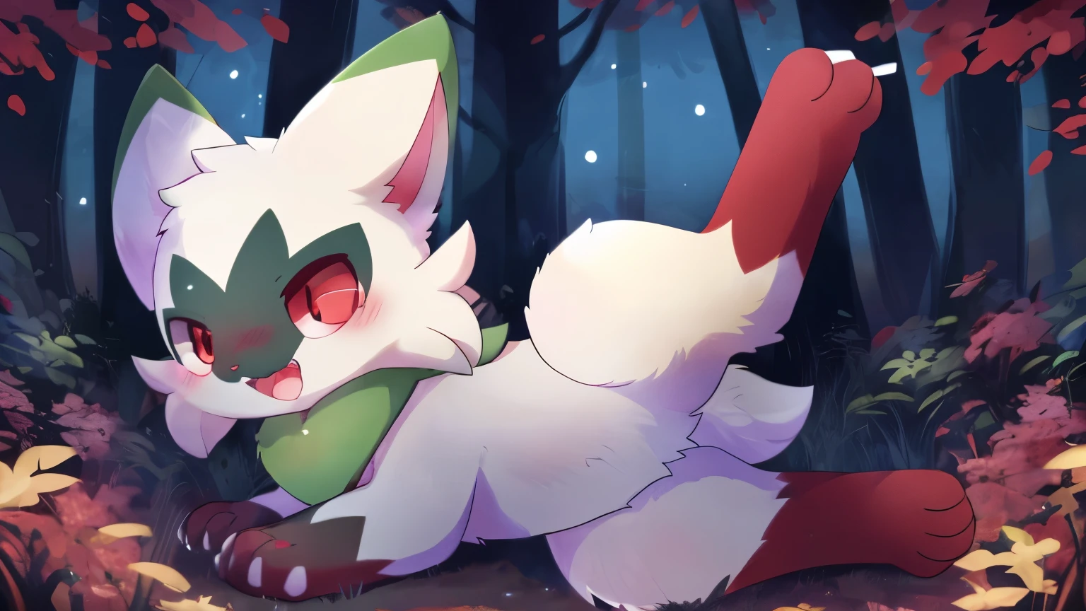 by:nakimayo ,floragato, midnight lycanroc ,Frontal， kissing，(red eyes: 1.5)， Furry Pokémon, cat, foot, , The only, ，all body ，(red eyes ,Frontal: 1.5)，solo,smile,，,saliva, open mouth,raised leg,orgasm face ,looking pleasured，smile，(red eyes: 1.5)，solo，openmouth，，toe claws,teeth,tail，facial tuft，,(4 toes), ,, (Body hair:1.2), (Best quality), (DeTailed fluffy fur:1.1),Eye, Animal Hands, Tail, Eye, smile, Forest background, Shiny, lol, , Solitary,
