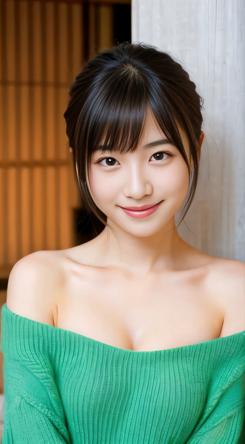 Japan Person Model、Young Sensual Gravure Idol、Young cute gravure idol、Yoshitomo Nara、Young skinny gravure idol、beautifull asian girl ever、((NSFW))、Get a little wet、Loose and light knitwear、bed、（spread arms）、smile