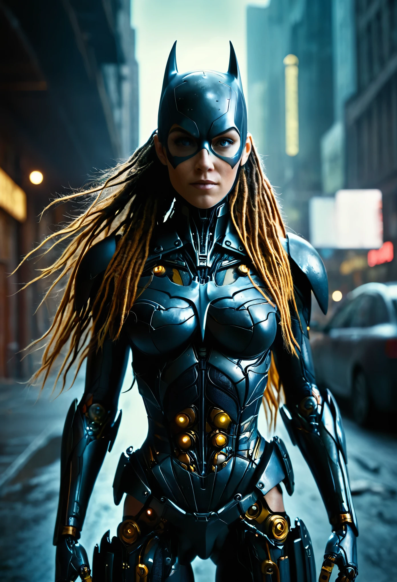 cinematic photo cinematic film still, (full body portrait), Dragonfly Batgirl, discarded android-cyborg, with long untamed dreads, (damaged, broken android body), rusty black carapace parts with (cracks), mechanical cyborg joints, dynamic pose, highly detailed, strong contrast, intricate details, volumetric light, 16k HDR, lot of details, high quality, dramatic atmosphere, atmospheric perspective, subsurface scattering, transparency, analog style, film photography, sharp focus, soft focus, highly detailed, shallow depth of field, highly detailed, high budget, bokeh, cinemascope, moody, epic, gorgeous, film grain, grainy . 35mm photograph, film, professional, highly detailed