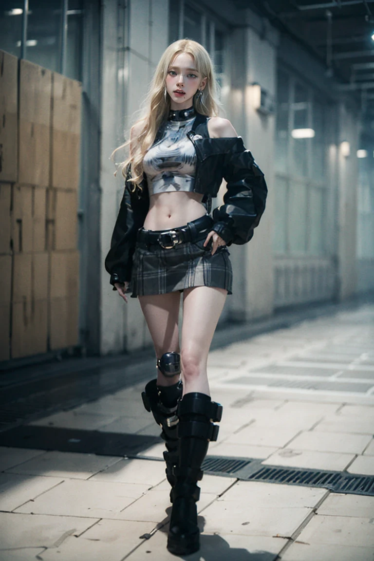 woman, Blonde Hair, Green Eyes, Wearing a black crop top shirt, Long black jacket, Red checked skirt, (Black knee-high boots), Exposed shoulders, (whole body), Big breasts Freckles, , Abdominal muscles, View your audience, masterpiece of the highest quality, , Holopunk Style, (nsfw:0.8), Erect nipples