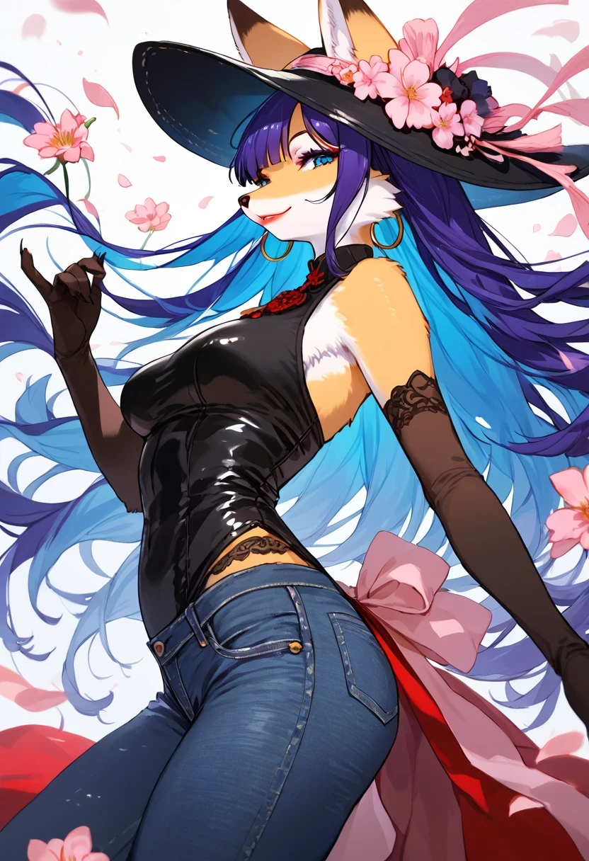score_9, score_8_up, score_7_up, score_6_up, score_5_up, score_4_up, source_anime, best quality, amazing quality, very aesthetic, absurdres, 1 female, (furry, kemono:1.3), fox, solo, gloves, elbow gloves, jewelry, earrings, long hair, hoop earrings, hat, black gloves, flower, blue eyes, breasts, looking at viewer, blue hair, black headwear, purple hair, makeup, pants, bare shoulders, sleeveless, from side, medium breasts, dress, eyeshadow, pink flower, cowboy shot, smile, lips, multicolored hair, red lips, floating hair, tight clothes, lipstick, denim