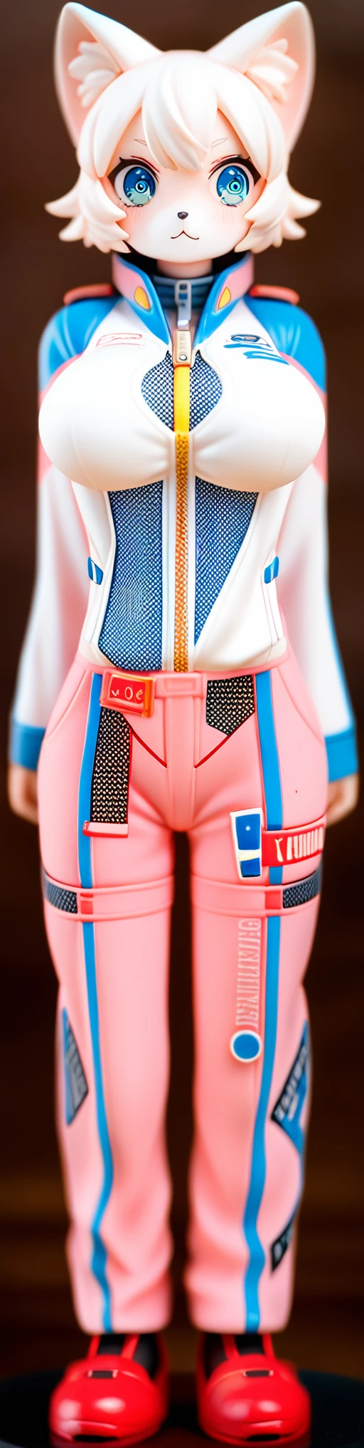 8k, best quality, (photorealistic:1.4), raw photo, 1boy, (pink high cut puffer jacket), pose: sitting on a chair in a cyberpunk bar, (blue hotpants with rear zipper:1.3), rear view, latex:1.2, (legs apart), facing camera:1.5, male features:2, (showing off butt:0.6), punk:0.8, shorts