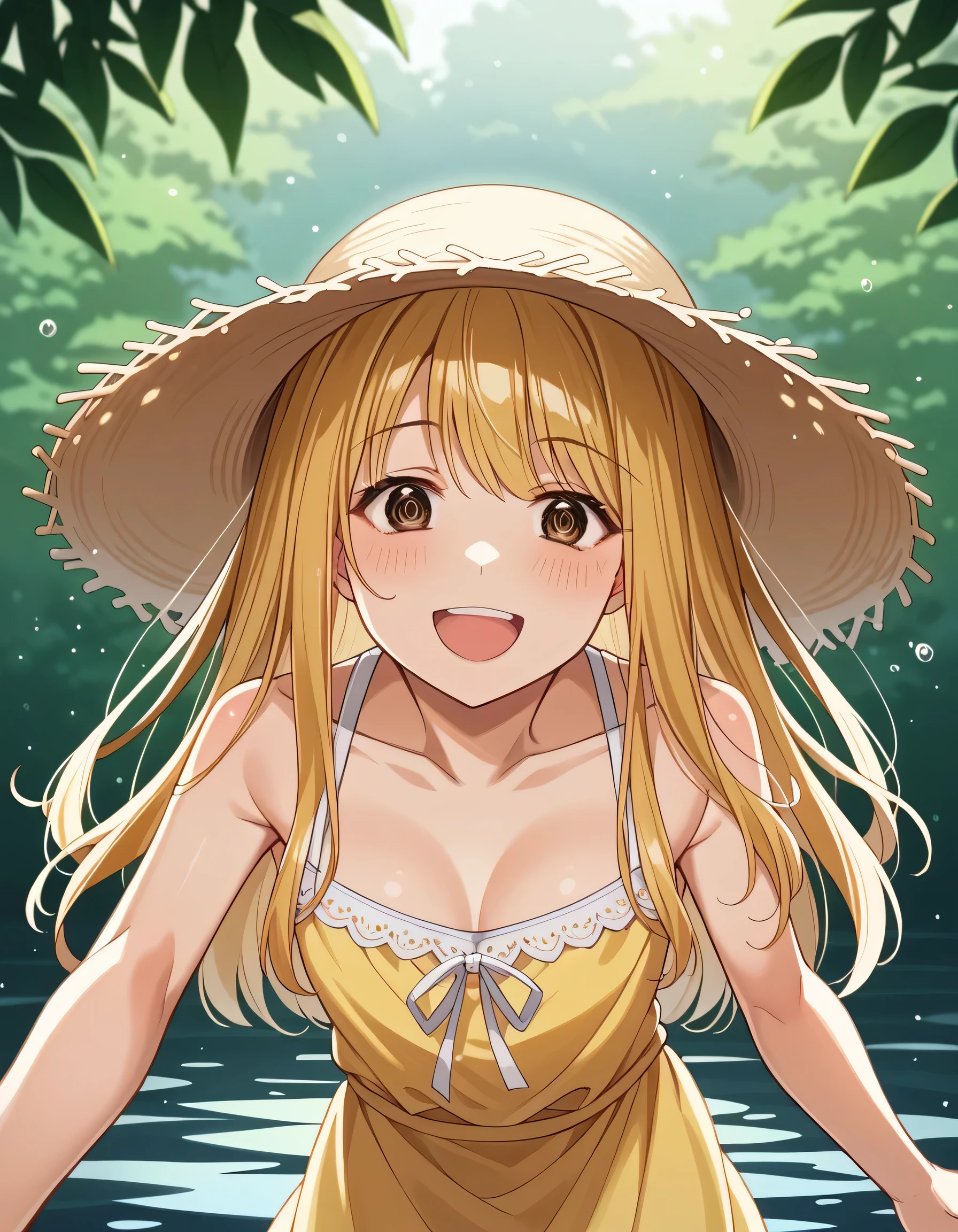 Shiny golden hair、Long Hair、（Beautiful brown eyes、Shining Eyes、Fine particles）、smile、Highly detailed eyes、Highly detailed eyes、（Outdoor、lake：1.3）、break（One person girl、One person、pretty girl：1.4）、、Mid-chest、break（smile、Open your mouth、：1.3）、（Straw hat、Yellow Sundress Slouching、Cowboy Shot：1.35）、