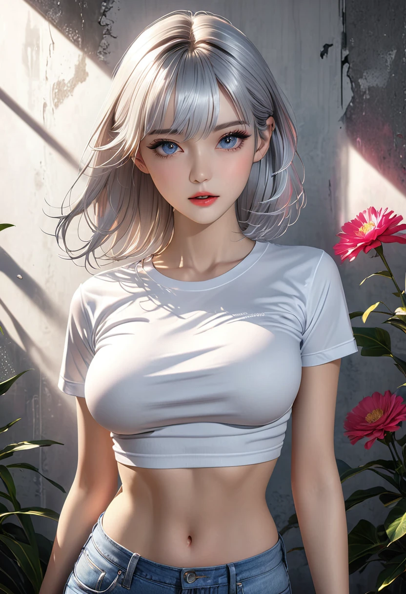 Realistic, One girl, Gray Hair, Purple eyes, Glowing Eyes, Crop top, skirt, Part your lips, blush, night, Flowers, sun, sunlight,
