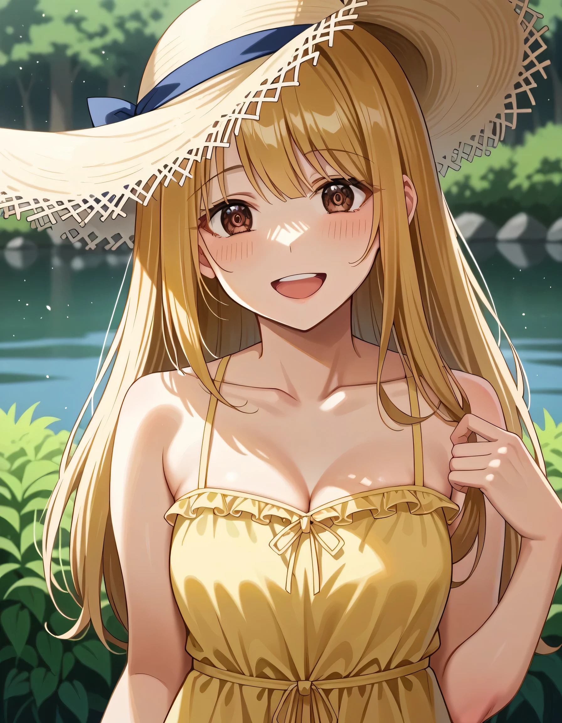 Shiny golden hair、Long Hair、（Beautiful brown eyes、Shining Eyes、Fine particles）、smile、Highly detailed eyes、Highly detailed eyes、（Outdoor、lake：1.3）、break（One person girl、One person、pretty girl：1.4）、、Mid-chest、break（smile、Open your mouth、：1.3）、（Straw hat、Yellow Sundress Slouching、Cowboy Shot：1.35）、