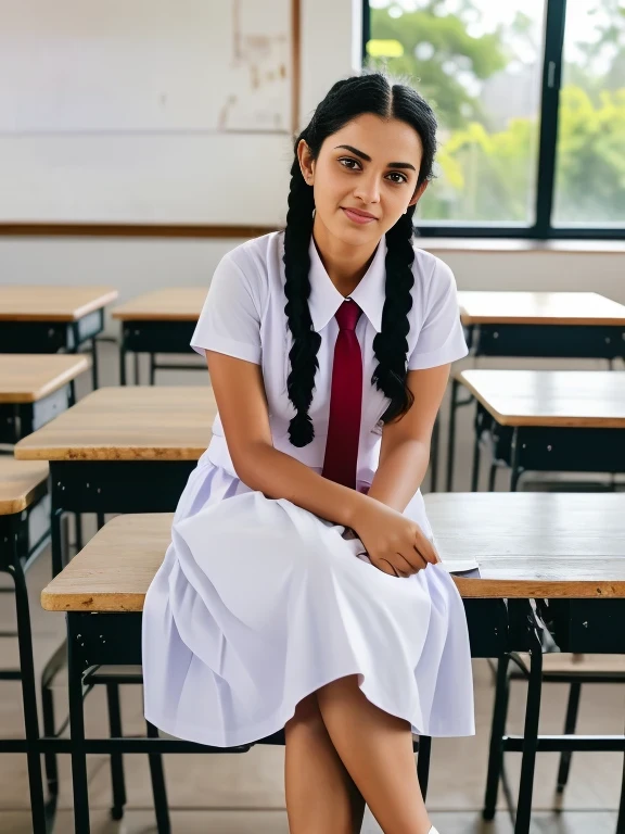 Raw photo , 1 girl  ,Wearing white frock and color tie, white shoes,  ((teen school girl studying on on in the classroom)), with plait, professional photographer, (hdr:1.4), masterpiece, ultra-realistic 8k, perfect artwork, intrincate details, cute face, award winning photograph, (Best quality, 8k, 32k, Masterpiece, UHD:1.3) ,