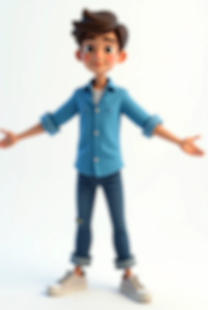  late  boy, little inny, wearing a blue shirt and trousers, 3d cartoon, full body, with arms fully outstretched to the sides, forming a T-pose, standing straight, facing the viewer, in front of a white background    


