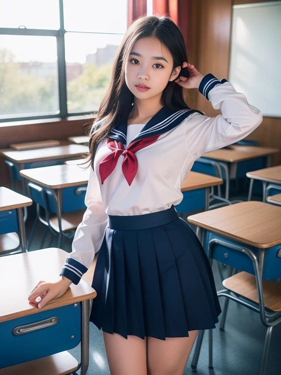 Raw photo , 1 girl ,Wearing sailor uniform (( girl lifting skirt in the classroom)) , professional photographer, (hdr:1.4), masterpiece, ultra-realistic 8k, perfect artwork, intrincate details, cute face, award winning photograph, (Best quality, 8k, 32k, Masterpiece, UHD:1.3) ,