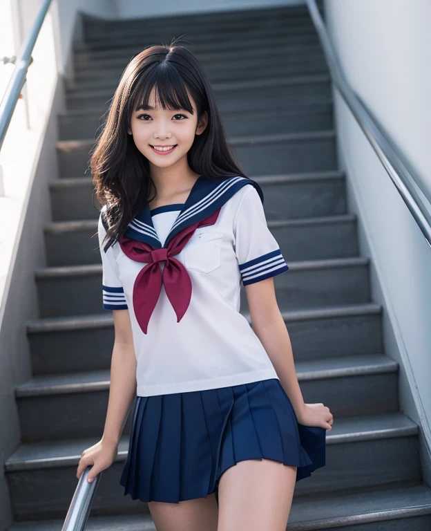 1girl, 18yo school girl, sailor uniform, climbing stairs, looking at viewer, smiling, view from below, (masterpiece, 8k, best quality:1.2), photorealistic, hyper detailed, cinematic lighting, vibrant colors, natural skin tones, intricate details, flawless rendering, sharp focus