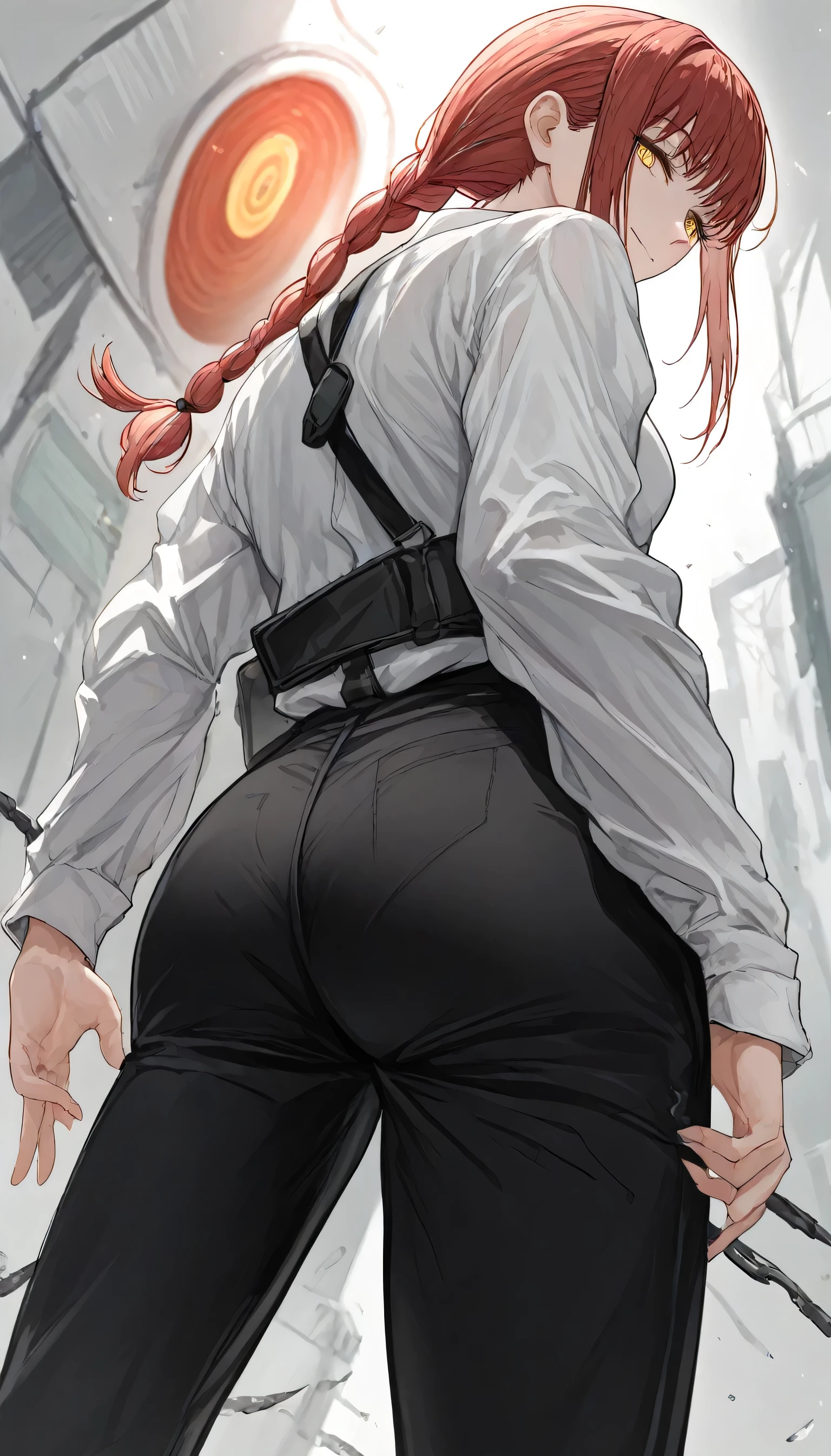 1girl, makima_(chainsaw_man), ass, braid, standing, red_hair, solo, black pants, looking_at_viewer, shirt, braided_ponytail, smile, looking_back, white_shirt, from_behind, black_pants, simple_background, , yellow_eyes, long_hair, long_sleeves, collared_shirt, ringed_eyes, pantylines,  breasts, closed_mouth, bangs, sidelocks, pov, ass_focus, close shot, from under, from below, under