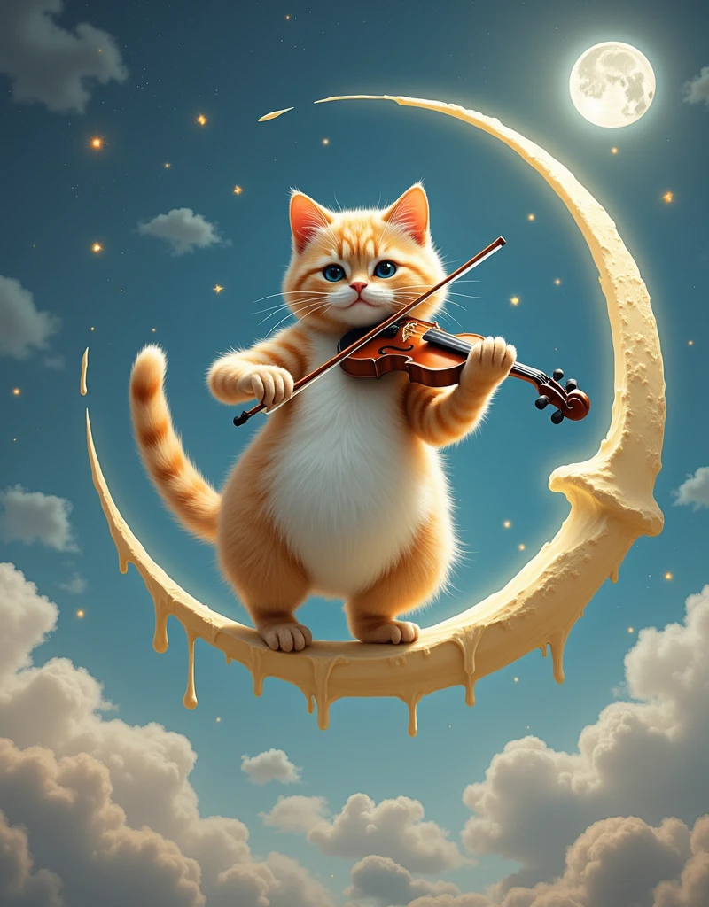 A cute fat cat dancing gracefully，Playing the violin，Balancing on a crescent moon in a surreal and dreamy sky。从 1912 年之前的Surrealism绘画中发现的强烈、Inspired by weird visuals，Rendering the composition，Shows melted elements that appear to drip and deform smoothly。Using a digital painting style should capture the scene，Like watching through long exposure technique，Create a sense of continuous movement and transformation。Mysterious and ethereal picture，The soft moonlight fills the surroundings，Use soft brushstrokes to render the whimsy and enchantment of the moonlight fantasy，Realism，photography，Monet，Rococo style，Surrealism，Ethnic art，graphic design，Game texture，Delicate facial features, anatomically correct, textured skin, accurate, award winning, UHD, 1wdnh1