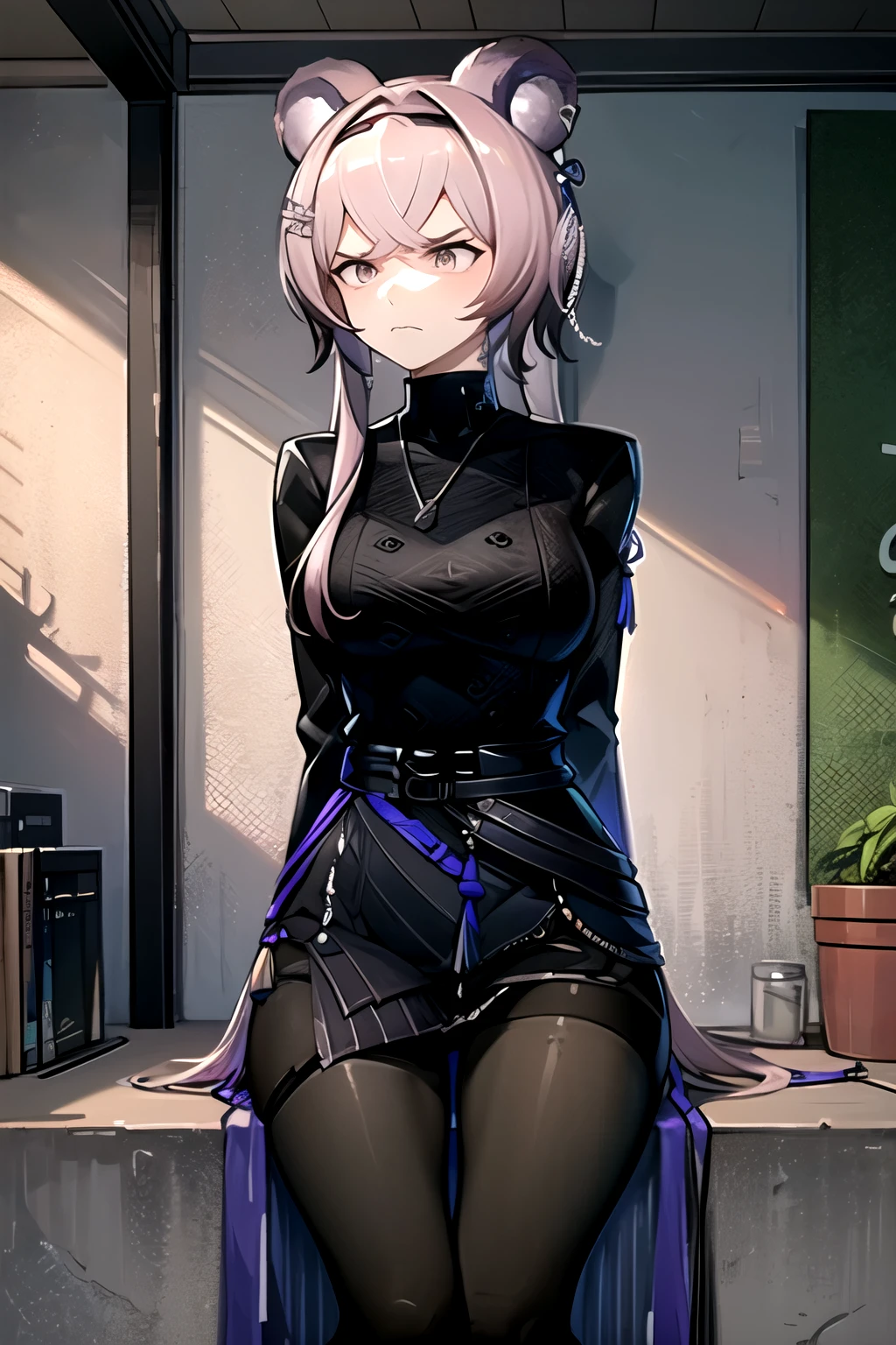 highest quality, masterpiece, High resolution, one person in, {Rin_Arknights:0.90}, 1 girl, black_dress, length_sleeve, looking away, indoor, cowboy_shot, Closed_mouth, ((hands tied behind)), ((arms behind back)), wide_sleeve, black_pantyhose, formal_alternine_Costumes, underground, Concrete floor, Concrete wall, underground room, ((scowl)), angry, sitting on the sofa, Thighs together, black tights, Closed legs, basement,