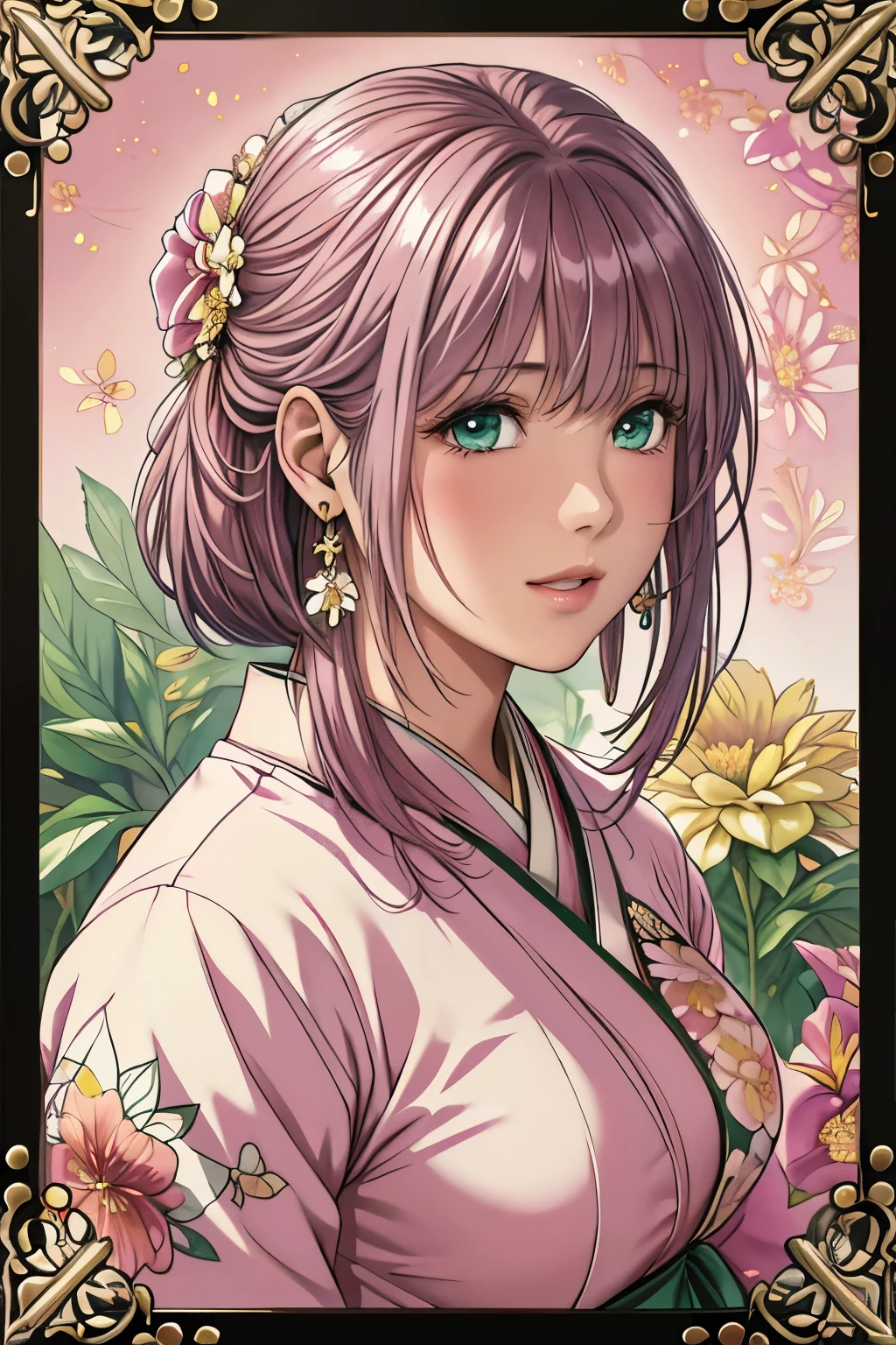 (​masterpiece, top-quality, top-quality, Official art, Beautifully Aesthetic:1.2), green eyes, (highest quality, masterpiece painting:1.3), immature woman, , (half body shot), masterpiece, ultra high resolution, (((Flower frame, A lot of flowers in the frame, round frame, A beautiful girl fits into the frame))), Decorative panel, abstract art, (shot from a side angle), (Photoreal:1.0), ((light pink hair)),straight hair, beautiful shining hair, white and shining skin, Painterly, sketch, Texture, 超A high resolution, solo, Beautuful Women, A highly detailed, (Fractal Art:1.1), (colourfull:1.1), (florals:1.6), The most detailed, (Zentangle:1.2), (Dynamic Poses), (Abstract background:1.3), (shinny skin), (Many colors:0.8), (earrings:1.4), (pluma:0.9), Taisho romance