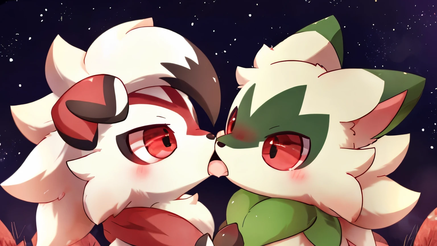 by:nakimayo ,floragato and midnight lycanroc ,Frontal，french kissing，(red eyes: 1.5)， Furry Pokémon,
