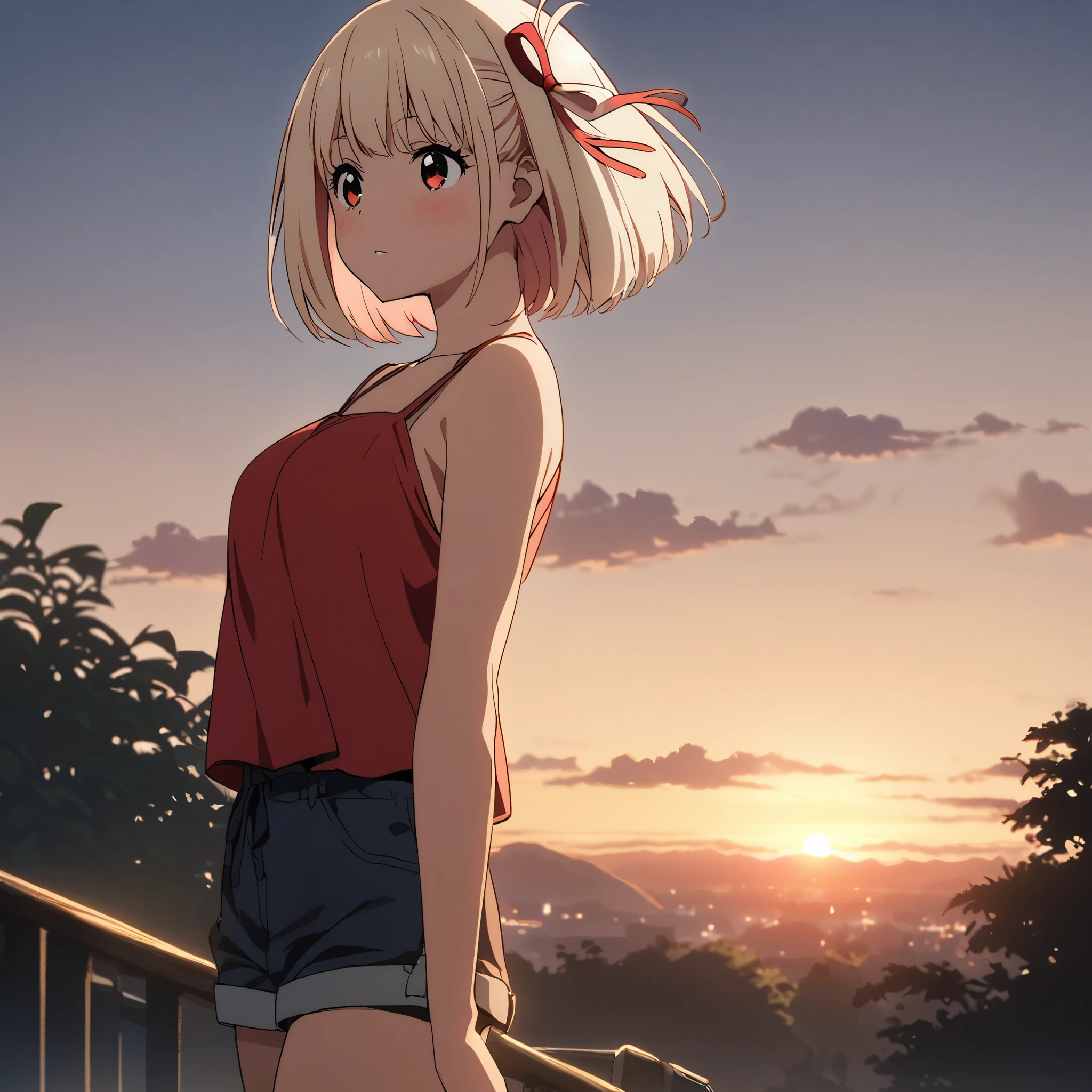 Red camisole、Shorts、evening,1girl,chisato nishikigi, short hair, bangs, blonde hair, red eyes, hair ribbon, One side up, bob cut,