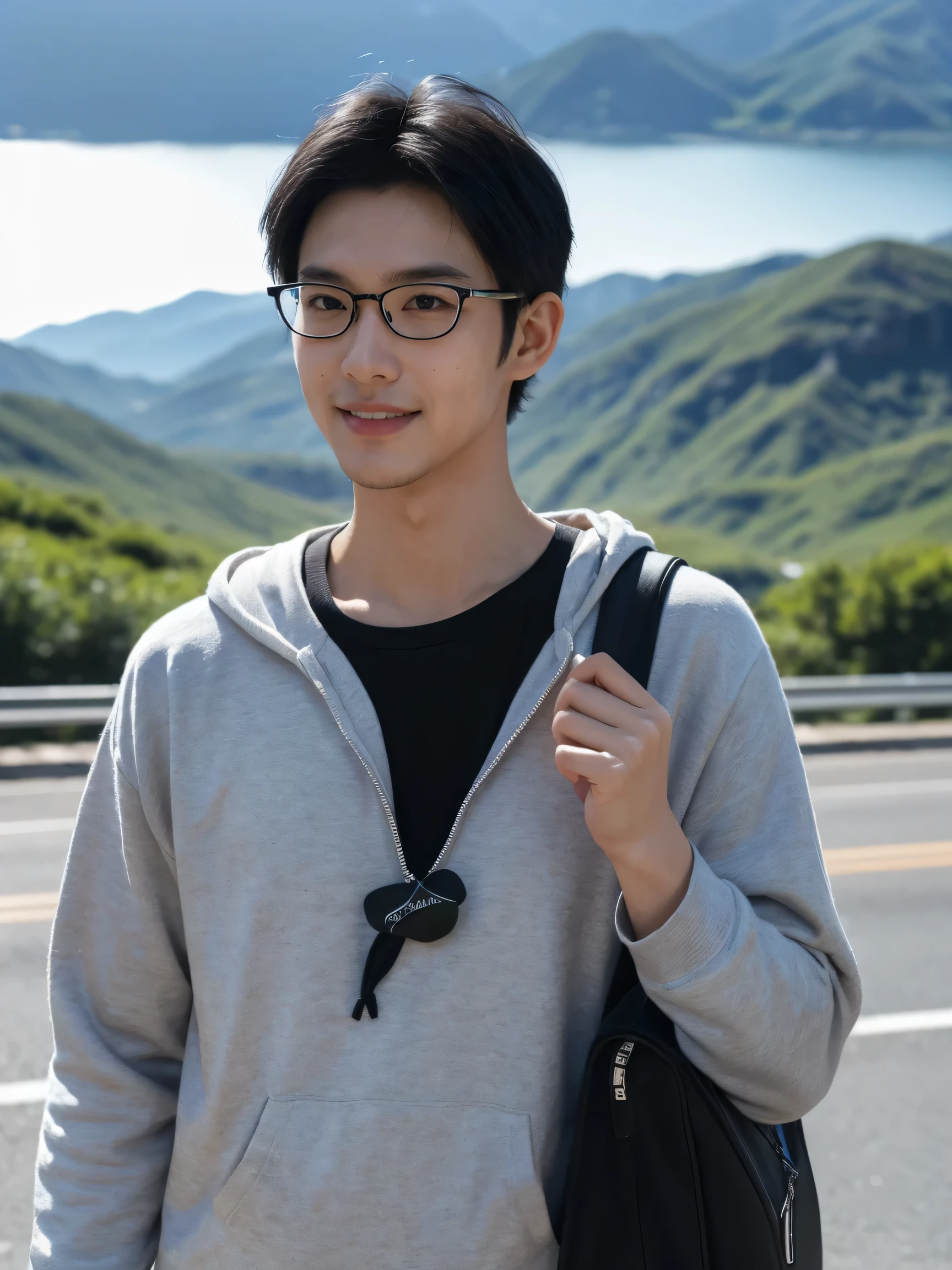 A 30 years old male, an ordinary Taiwanese male, unpopular appearance, very ordinary, black hair, ordinary hairstyle, not grooming himself, Asian, carrying a big blue schoolbag, looks like a tourist, taking photos with the scenery , in Hehuan Mountain, Taiwan, smiling a little awkwardly, with an awkward and unnatural expression, looking very proud, a happy trip, real natural landscape, there are some other passers-by in the distance, wearing clothing suitable for sports mountaineering,((his face is a little ugly)) ,Not handsome at all, ((super short hair)), ((messy super short hair)), (((wearing severely reflective glasses))), severe myopia, ((small eyes, single eyelids, big nose, round face)),, ((small eyes, single eyelids, big nose, round face)) wearing a sweatshirt , ((Super real, real light and shadow)),(((black hair))),(((black hair))),(((black hair))),(((black hair))), (((wearing severely reflective glasses))), , (((wearing severely reflective glasses))), 