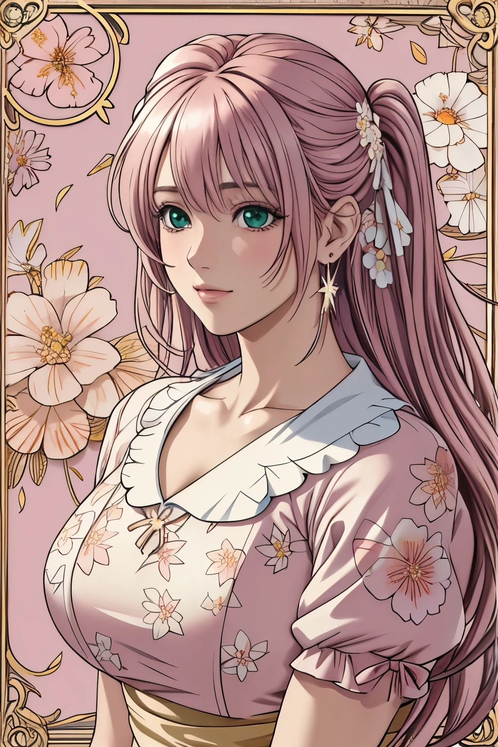 (​masterpiece, top-quality, top-quality, Official art, Beautifully Aesthetic:1.2), green eyes, (highest quality, masterpiece painting:1.3), immature woman, , (half body shot), masterpiece, ultra high resolution, (((Flower frame, A lot of flowers in the frame, round frame, A beautiful girl fits into the frame))), Decorative panel, abstract art, (shot from a side angle), (Photoreal:1.0), ((light pink hair)),straight hair, beautiful shining hair, white and shining skin, Painterly, sketch, Texture, 超A high resolution, solo, Beautuful Women, A highly detailed, (Fractal Art:1.1), (colourfull:1.1), (florals:1.6), The most detailed, (Zentangle:1.2), (Dynamic Poses), (Abstract background:1.3), (shinny skin), (Many colors:0.8), (earrings:1.4), (pluma:0.9), Taisho romance