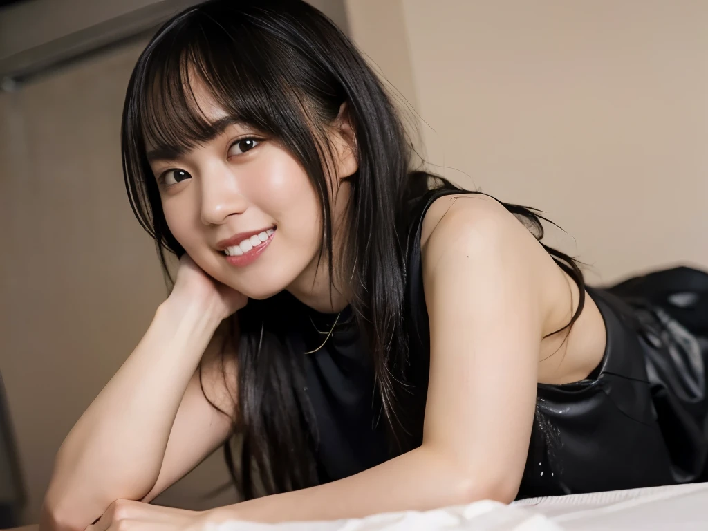 (Ultra HD、Ultra-high resolution、8k)、((Viewer:1.8))、(Extremely realistic skin texture:1.4)、(Realistic:1.3)、(smile:0.4)、20-year-old female、Long Black Hair、(Sweat:1.4)、(Nipples are visible、Showing off nipples、valley)、Sticking out tongue、Drooling,close up beautiful face