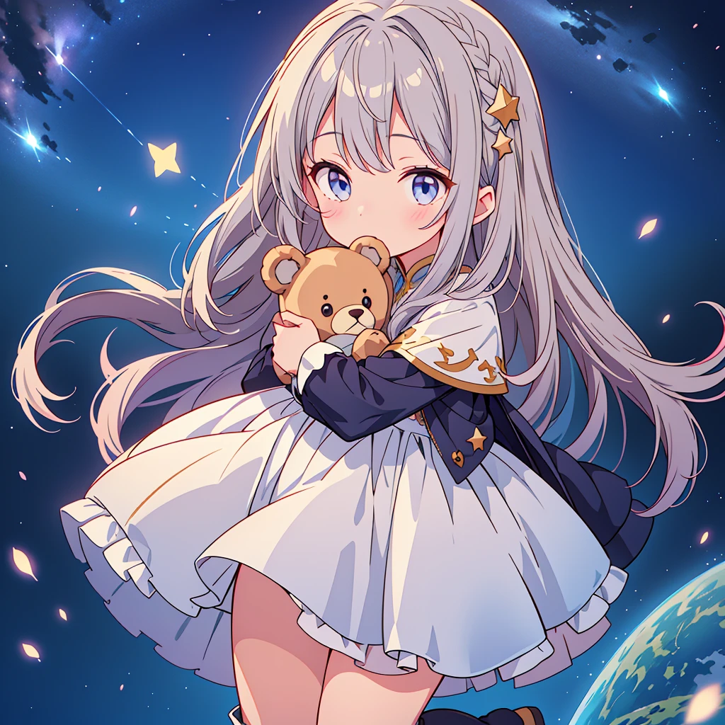 starの妖精、Full body Front portrait、Front、One girl,Best Quality、masterpiece、Official Art、Super detailed、Very beautiful、Cute starの妖精、Gray Hair、Straight long hair、milky way、universe、star charm、star、baby face、Knee-high boots、Giant stuffed teddy bear