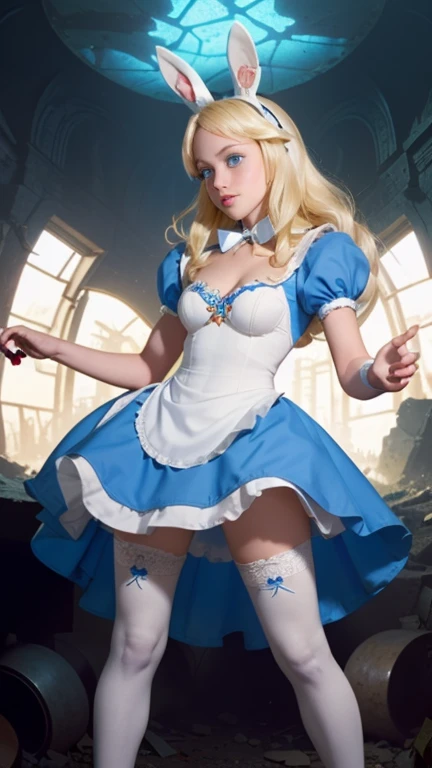 (La Better quality,A high resolution,Ultra - detailed,actual),Alice Wonderland, short blue dress, white thigh media, long yellow hair, ,(Background of ruined dungeon ruins dark forest cyberpunk :1.4 ), More detailed 8K.Unreal Engine:1.4,UHD,La Better quality:1.4, photorealistic:1.4, Skin texture:1.4, masterpiece:1.8,masterpiece, Better quality,object Object], (detailed face features:1.3),(The correct proportions),(Beautiful blue eyes:1.4 ), (cowboy pose),( Alice Wonderland:1.4), (Alice Wonderland V2.1), (Perfect anatomy :1.4),( no mutations), (Alice Liddell Disney:1.4), (dynamic cowboy pose), (face detailed :1.4), (showing panties), (cinematic lighting :1.4), Score_9, Score_8_up, Score_7_up, Score_6_up, rating_Explicit, 1girl, ((18yo:1.2)), adult, full lips, big clear eyes, Blue eyes, ((blond hair:1)), (long wavy hair: 1.2),( white bunny ears:1.4 ), (white apron), (thigh high stockings), (casino figure print dress:1.4 ), (White stockings bra:1.4 ), Bright colors, (skirt lifted by itself: 1.1), (skirt lift: 1.3), (showing white panties: 1.3),