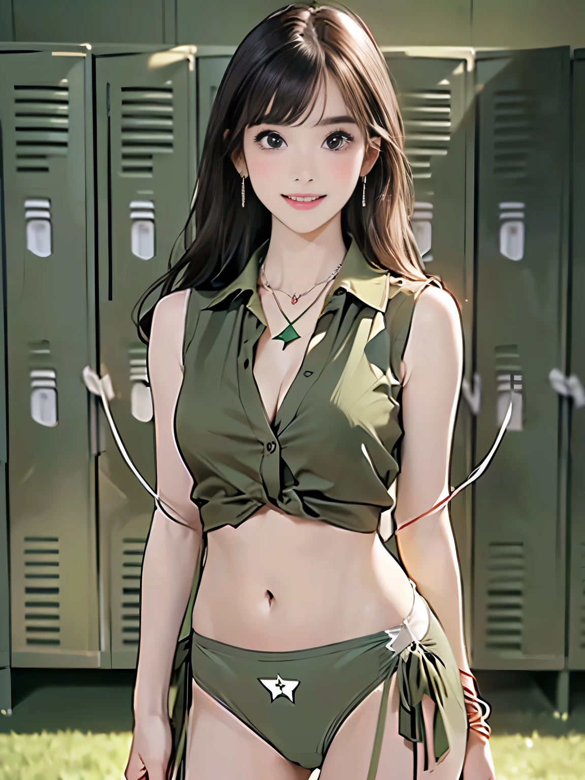 ompt truk), (Ultra realistic), (Illustration), (High resolution), (8K), (Very detailed), (Best illustration), (Beautiful green eyes), (Best quality), (Ultra detailed), (Masterpiece), (Detailed face), Solo, (Dynamic pose), 1 girl, Black wavy hair in class room, big boobs, Little moles under the eyes, ((school uniform)), Big tits, Tighten abs, (camel toe), ,Kurotaki Rin,ass,crop shirt underboob,crop top,Oversized shirt, without skirt,