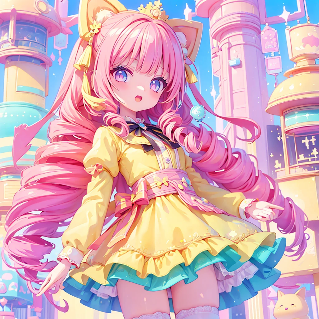 (8k, Best Quality, Masterpiece: 1.2),超High resolution,Super detailedな顔,Detailed eyes,Absurd, The absolute solution, incredibly Absurd, High resolution, Super detailed, Official Art,break,1 female, difficult,Holding a black parasol,Long Hair, Pink Hair,(Drill Hair),Gothicta, dress,Straight bangs,Too many decorations, ribbon,happy,Open your mouth,Long eyelashes,Cowboy Shot,Harajuku Street