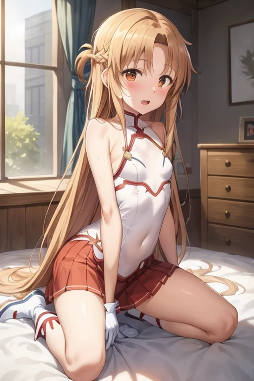 ((Best Quality)), ((masterpiece)), (be familiar with), Perfect Face, indoor, bedroom, Watching the audience,
One woman, Yuuki Asuna,
Open Mouth, Ecstatic expression, blush, smile,
Small breasts, Flat Chest, , , , Girl,
Long Hair, Long Hair,
Leg spread,