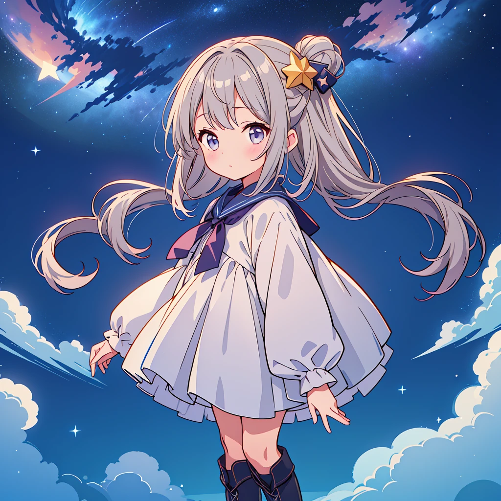 starの妖精、Full body Front portrait、Front、One girl,Best Quality、masterpiece、Official Art、Super detailed、Very beautiful、Cute starの妖精、Gray Hair、Straight long hair、milky way、universe、star charm、star、、Knee-high boots、Giant stuffed teddy bear