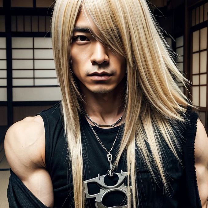 1 man, Japanese man, male, Asian eyes, muscular, broad shoulder, hairstyle Visual Kei style, hair Visual Kei, straight hair, black rocker clothes, ultra detailed face, hyperrealistic, realistic representation, long hair, long hair, 30 years old, age 30 years, blond, blonde hair