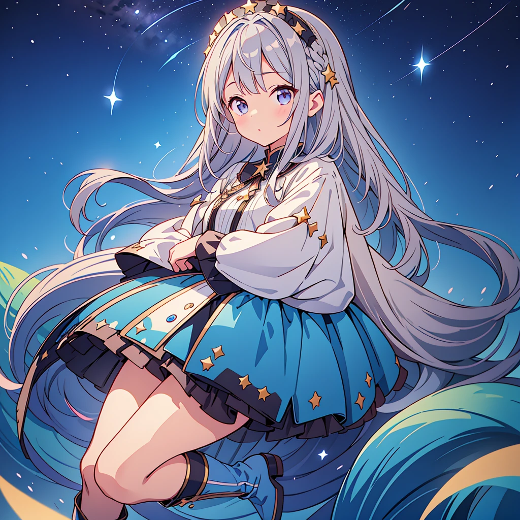 starの妖精、Full body Front portrait、Front、One girl,Best Quality、masterpiece、Official Art、Super detailed、Very beautiful、Cute starの妖精、Gray Hair、Straight long hair、milky way、universe、star charm、star、、Knee-high boots、Giant stuffed teddy bear