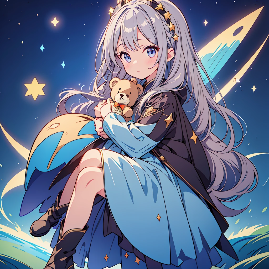 starの妖精、Full body Front portrait、Front、One girl,Best Quality、masterpiece、Official Art、Super detailed、Very beautiful、Cute starの妖精、Gray Hair、Straight long hair、milky way、universe、star charm、star、*********、Knee-high boots、Giant stuffed teddy bear