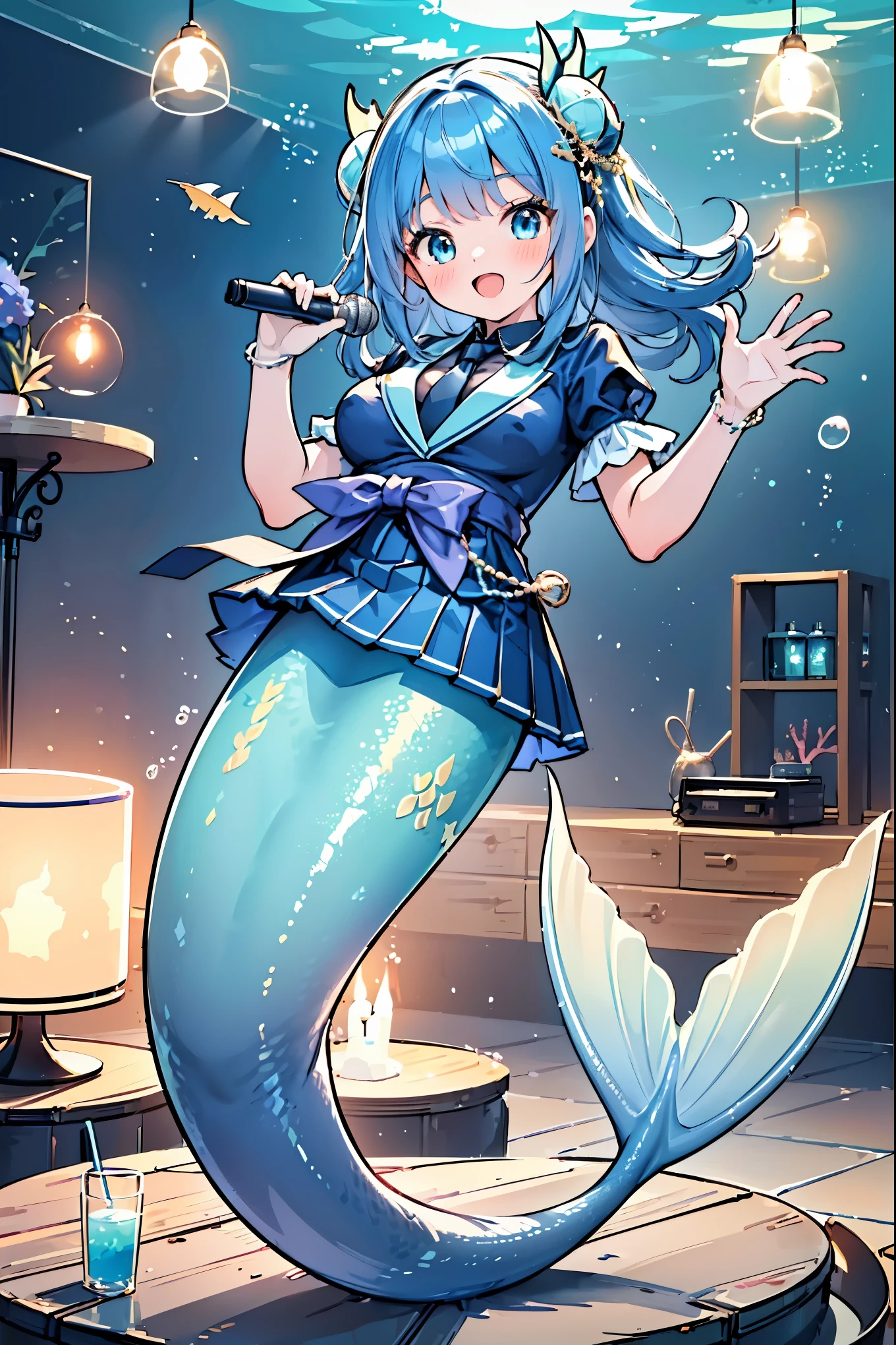 (masterpiece,Best quality),(Full fingers),A woman,Mermaid,Idol,Idol衣服,Blue Skirt,Large Breasts,藍色的Mermaid尾巴,Full body photo,(Underwater:1.2),charming脸(Kawaii, charming,Soft),Handheld Microphone,Open your mouth