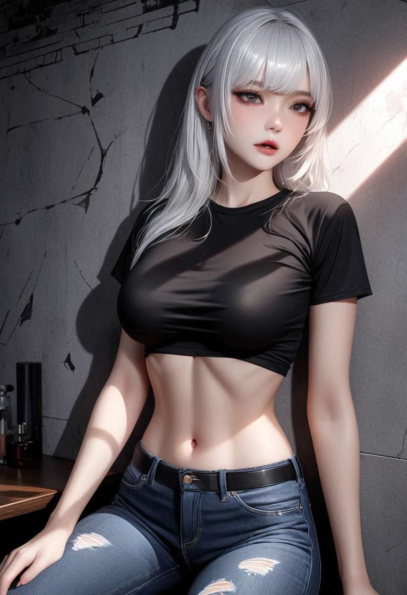 （full figure:1.2）, （9 heads and bodies:2.0）, (thin thighs), （The legs are thin and long.: 2.0）, (pump:1.2), White skin is bright and shiny., 25 years old, cute little handsome face sexy, Thin face, pink lips, Chapped lips, ( hair parted on one side:1.5), Highlights, light blue eyes, sexy face, Cute Sexy Girl, Long, blonde, shiny, natural hair.,Eyebrows the same color as her hair., choker, headband,( Sexy silver shirt:1.3),  (A tight, silky silver skirt. :1.3), Shiny light blonde hair, natural curly hair, (complicated details: 1.2), almond eyes, (detailed face), beautiful smile, Red cheeks, Medium bust, Slim shape, Tight waist, small ass, The visible part of someone&#39;s thigh between the skirt., Beautiful hands, Thin shoulders, look at the audience, wind blowing skirt, stand facing, The composition is visible from above the knee to the head., The sea shines in the morning sun, tropical islands, palm tree