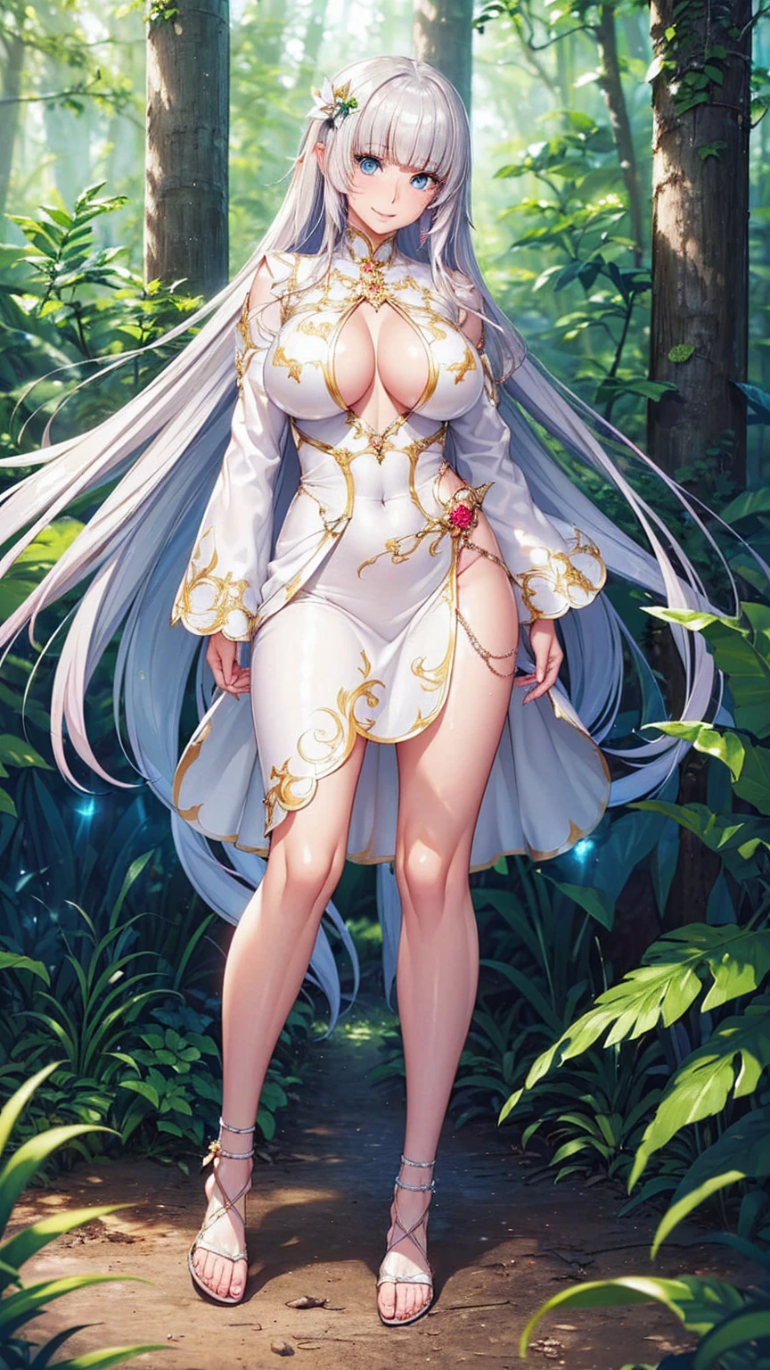 1 lady in the distance, (((ultra quality, ultra detailed, ultra highresolution, Hires.fix, ultra delicate, extreme detailed, 8k))), masterpiece, anime, anime screencap, sharp focus and crisp quality, (((brightly colored))), solo, (((distant view))), (((in the lush forest))), sunlight filtering through the foliage, standing, close stance, full body, looking away, (((beautiful detailed face))), (((beautiful detailed eye))), (((beautiful body))), long silver hair, vaguely shining hair, blunt bangs, straight hair, (((hair ornaments))), hair chains, blue eyes, kind smile, shiny skin, wearing white ball gown outfit, long sleeve, (((white sandal))), medium breasts