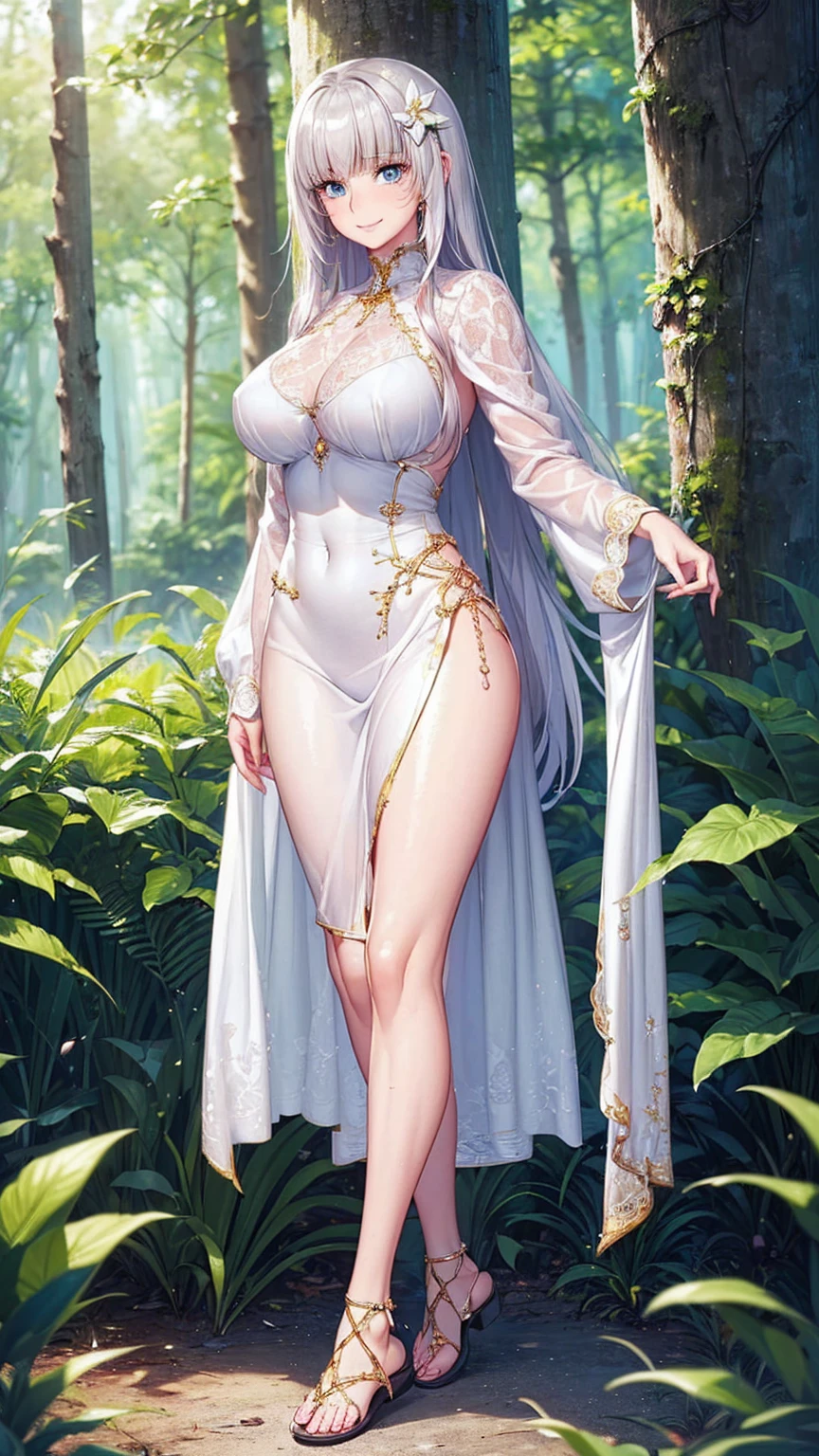 White panty hose,with her mouth open,,Cute nose,Cute and beautiful girl,The legs are relatively long,Real breasts,The eyes are relatively large,long whitr hair,,The eyeballs are relatively large,Eyes sparkle,Tender feet,The nose is relatively large,white color hair,No shoes,prette,swim wears,at a forest,Place your hands on your chest,Long legs,Super pretty and cute face