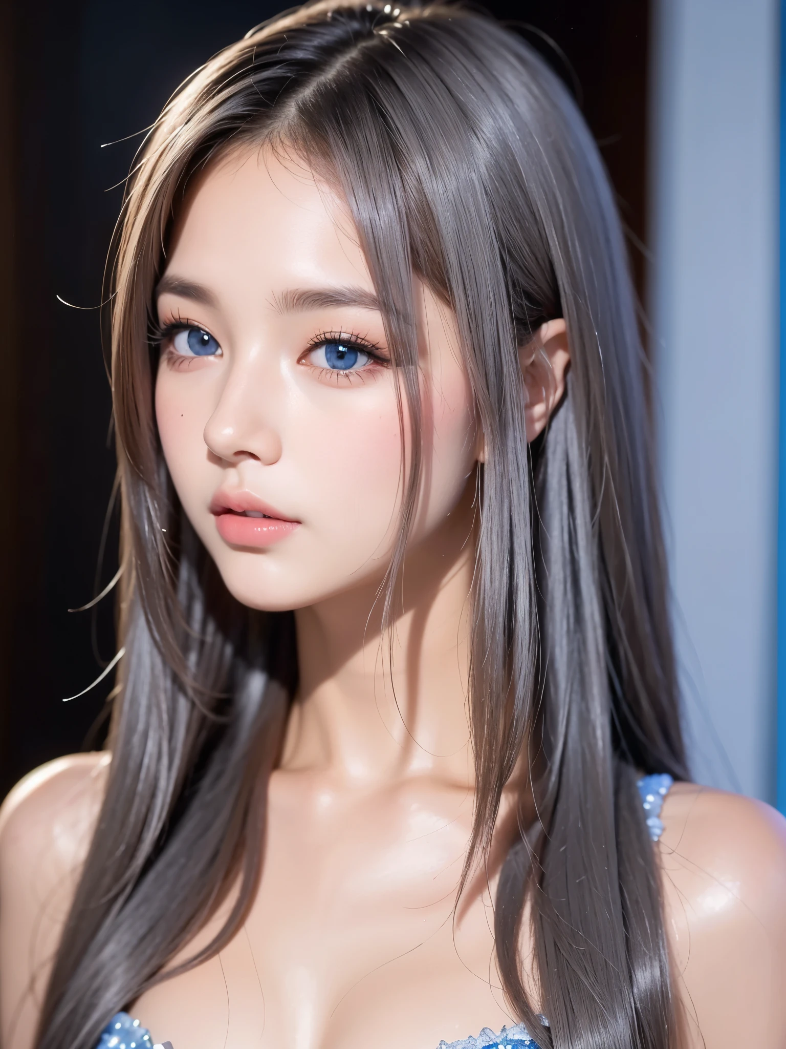 Very detailed, beautiful, Hyperrealistic girl, masterpiece, Best Quality, Depict a mysterious and sophisticated beautiful Japanese gravure model,, 18 years or older, Identity hidden, Full Body Shot, / Gray trimmed hair, Small head, Detailed face, Cute and slim face, Wide duck mouth, perfect beautiful Tooth, Arrange your grey hair, Sparkling eyes, Blue colored eyes, Realistic skin, Detailed face, // Sitting, Model pose, / This fall's fashion look、Emphasizing a relaxed yet sophisticated style. An oversized white shirt drapes loosely around the body, Natural, Layered over a fitted black crop top、The airy silhouette creates a beautiful contrast. The exaggerated proportions of the shirt、With a relaxed movement, Great for layering as the weather gets cooler. White drawstring shorts keep the look casual、It makes the overall look cohesive and fresh.. Pair it with black open toe heel boots, Comfort and elegance in style. A small black chain bag and a simple silver necklace、Minimalist, Contemporary aesthetics, //// Simple white single room, Grey framed mirror, Complex background /// Taking a selfie with your smartphone in front of the mirror in your room, Standing and posing sexy, full body low angle shot, Focus Shoes, Looking away from the camera,