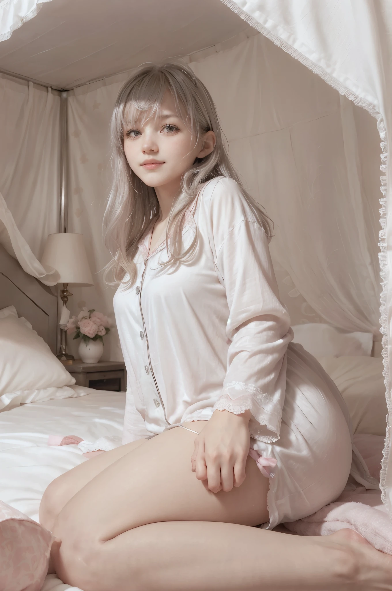 photo of mariya with long blonde hair, bang, NSFW, (petite:1.4), wearing (silver pajamas:1.3), (mastrubating:1.8),  on bed in a cute girly bedroom adorned with pastel hues and playful decor. The walls are painted in soft pinks or lavender, with a delicate floral or heart-patterned wallpaper as an accent. A canopy bed with sheer, flowy curtains creates a dreamy atmosphere. Plush stuffed animals and fluffy throw pillows in various shades of pink adorn the bed,
realistic, photorealistic,
High quality, RAW photograph, detailed background, intricate, highly detailed, sharp focus, high resolution, 8k, uhd, dslr, realistic eyes, perfect eyes,