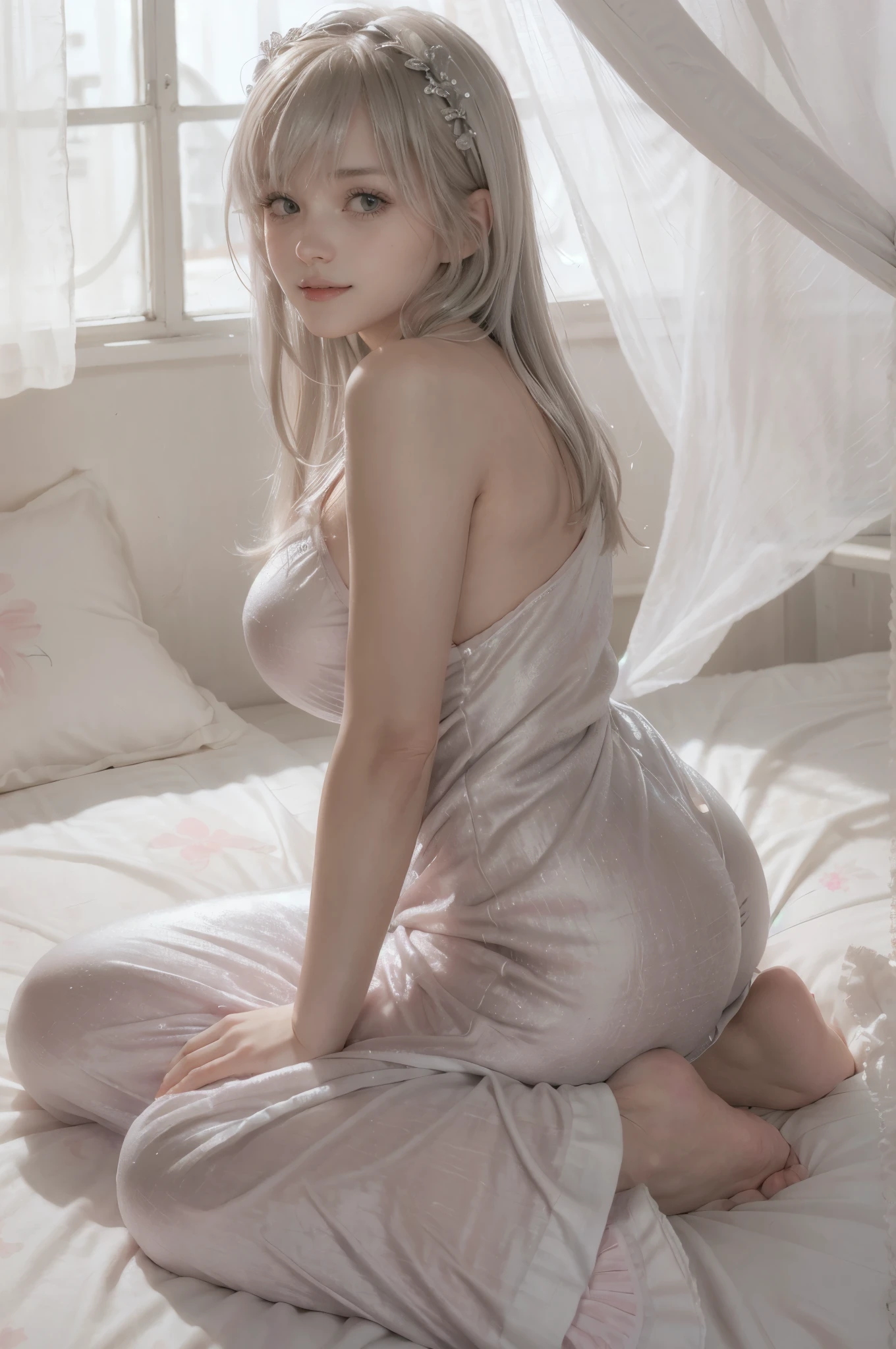 photo of mariya with long blonde hair, bang, NSFW, (petite:1.4), wearing (silver pajamas:1.3), (mastrubating:1.8),  on bed in a cute girly bedroom adorned with pastel hues and playful decor. The walls are painted in soft pinks or lavender, with a delicate floral or heart-patterned wallpaper as an accent. A canopy bed with sheer, flowy curtains creates a dreamy atmosphere. Plush stuffed animals and fluffy throw pillows in various shades of pink adorn the bed,
realistic, photorealistic,
High quality, RAW photograph, detailed background, intricate, highly detailed, sharp focus, high resolution, 8k, uhd, dslr, realistic eyes, perfect eyes,