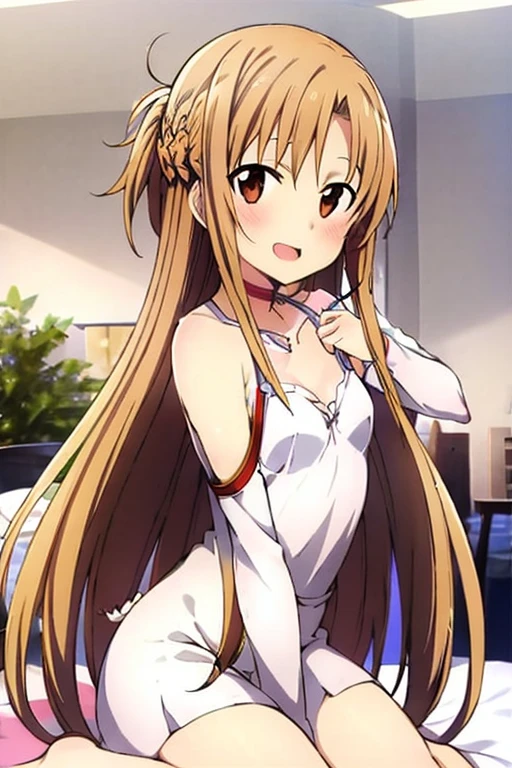 ((Best Quality)), ((masterpiece)), (be familiar with), Perfect Face, indoor, bedroom, Watching the audience,
One woman, Yuuki Asuna,
Open Mouth, Ecstatic expression, blush, smile,
Small breasts, Flat Chest, , , child, Girl,
Long Hair, Long Hair,
Leg spread,