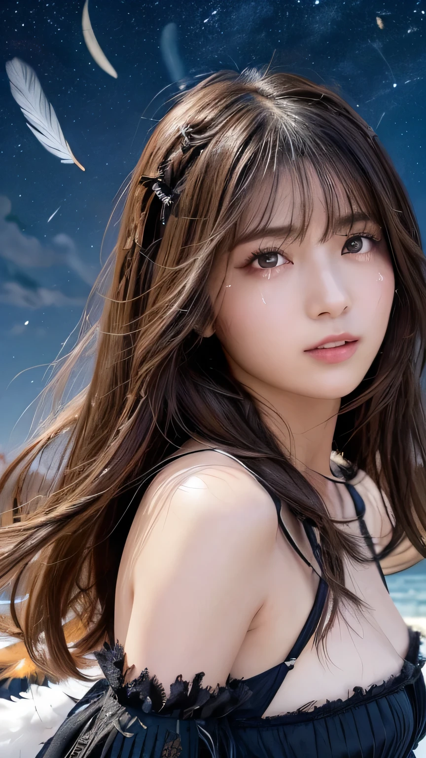 muste piece, best quality, illustration, Super detailed, fine details, High resolution, 8k,wall paper, perfect dynamic composition,(Details High quality, realistic depiction of eyes:1.3), (Fallen Angel Costume:1.3),  in the sky、(Emphasize body line:1.1), very long hair, black hair color, Big Natural Color Lip, bold sexy pose, (perfect body shape), huge breasts, crying a little、cold gaze, cute type, Ultra HD Hair, Ultra high definition beauty face、Ultra HD Hair、Ultra-high definition sparkling eyes、(close up of face:1.1)、Three-braided half-up hairstyle、Brown eyes、Facing forward、Symmetrical、Black feathers fluttering、Falling black feathers、flying in the sky、(Night Sky:1.5)、Small breasts、moonlight、Backlight、Low angle、A large number of scattered feathers、Falling Feathers、Looking up at the sky、Feather feather feather、(semen:1.5), (over the cloud:1.3)、Off the shoulder、Depth of written boundary、70mm, f1.8, Black underwear、Starry Sky