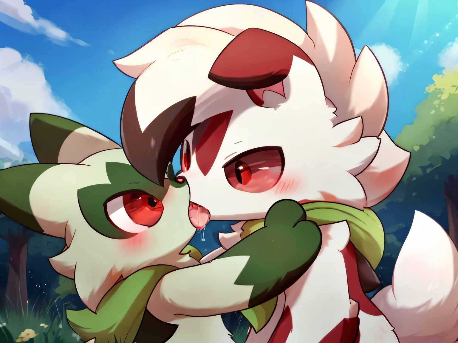 by:nakimayo ,floragato and midnight lycanroc ,Frontal，saliva on tongue,french kissing，(red eyes: 1.5)， Furry Pokémon,
