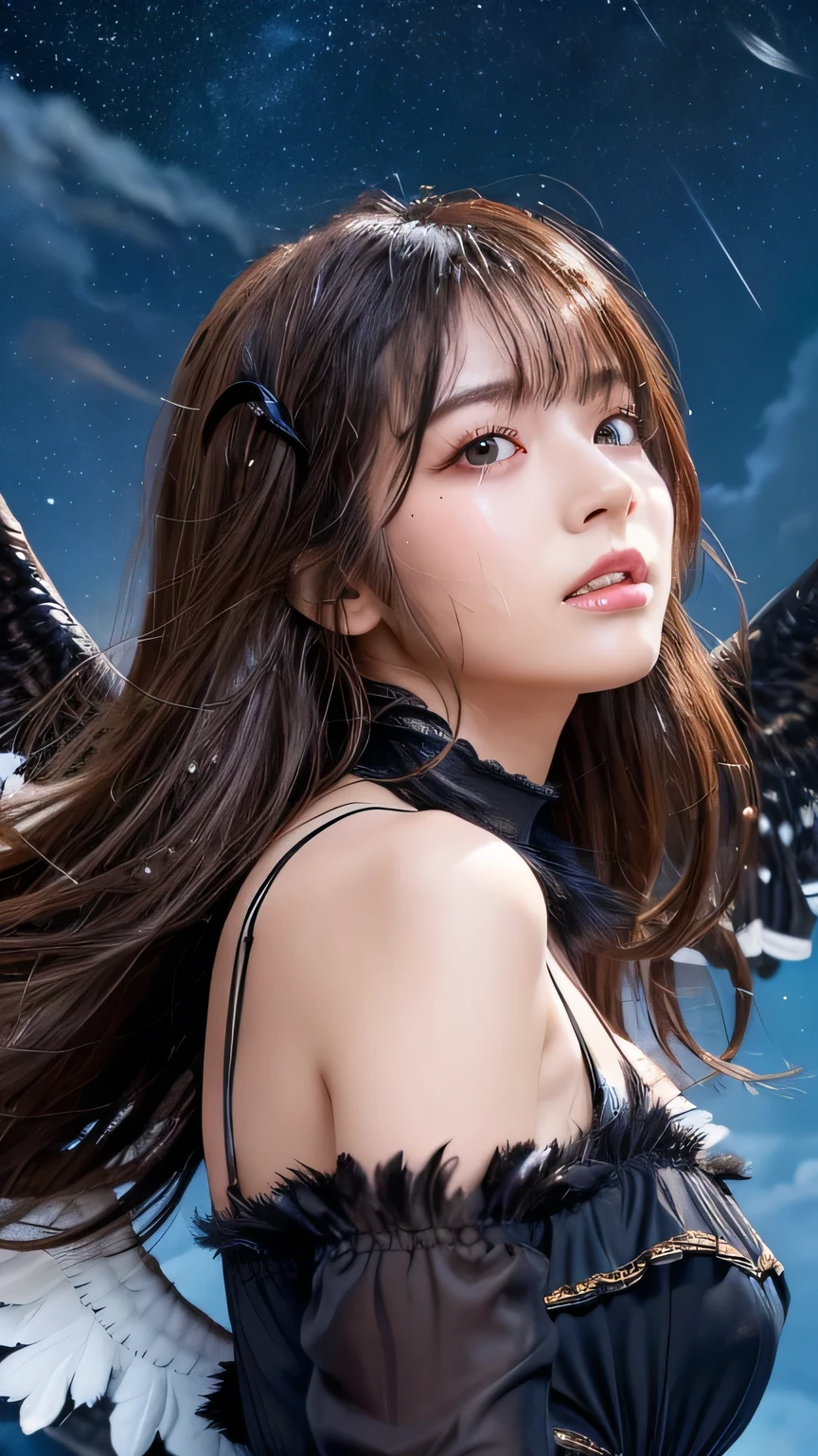 muste piece, best quality, illustration, Super detailed, fine details, High resolution, 8k,wall paper, perfect dynamic composition,(Details High quality, realistic depiction of eyes:1.3), (Fallen Angel Costume:1.3), in the sky、(Emphasize body line:1.1), very long hair, black hair color, Big Natural Color Lip, bold sexy pose, (perfect body shape), huge breasts, crying a little、cold gaze, cute type, Ultra HD Hair, Ultra high definition beauty face、Ultra HD Hair、Ultra-high definition sparkling eyes、(close up of face:1.1)、Three-braided half-up hairstyle、Brown eyes、Facing forward、Symmetrical、Black feathers fluttering、Falling black feathers、flying in the sky、(Night Sky:1.5)、Small breasts、moonlight、Backlight、Low angle、A large number of scattered feathers、Falling Feathers、Looking up at the sky、Feather feather feather、(semen:1.5), (over the cloud:1.3)、Off the shoulder、Depth of written boundary、70mm, f1.8, Black underwear、Starry Sky、universe