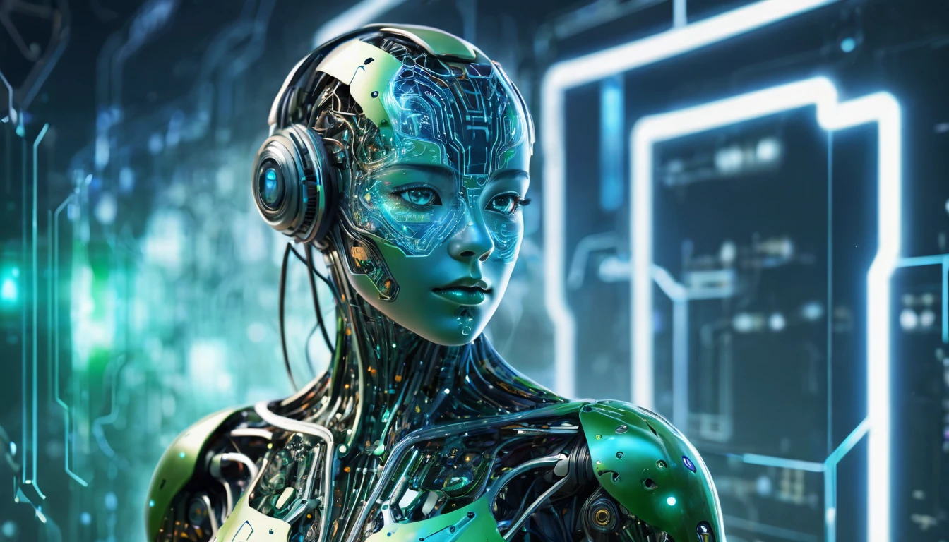 A visual representation of artificial intelligence (AI). The image shows a futuristic humanoid figure with cybernetic and technological elements integrated into its design. The background is a latticework of glowing neural networks and complex circuits, symbolizing the vast data processing capacity. The humanoid figure is composed of metallic and crystalline materials, with lines of blue and green light running through its body, suggesting connections and flow of information. His eyes shine with an intense light, indicating his advanced intelligence. The atmosphere is modern and technological, with a predominantly cold color palette and luminous details that convey a sense of innovation and the future., UHD, retina, masterpiece, accurate, anatomically correct, textured skin, super detail, award winning, 16k
