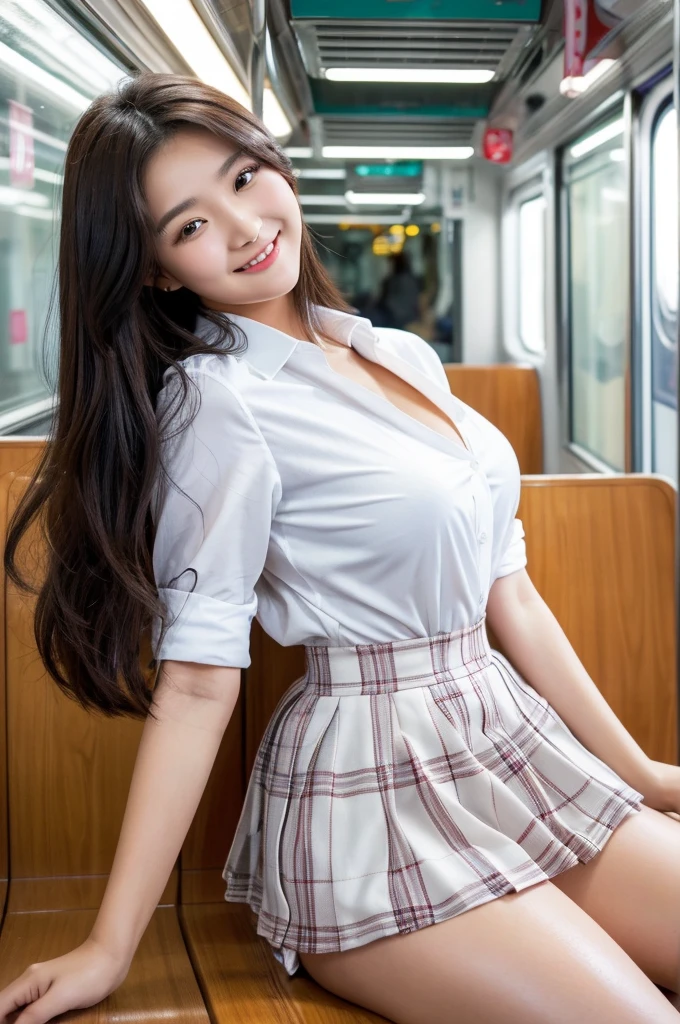 best quality, 8k, very delicate and beautiful, highly detailed face and skin texture, shiny skin, high resolution, sexy long hair japanese girl in white shirt and short plaid skirt on a train with big smile, sharp focus
