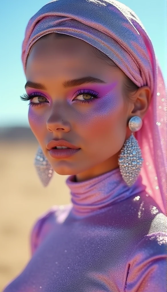 A close up of a woman with a pink head scarf and earrings - SeaArt AI