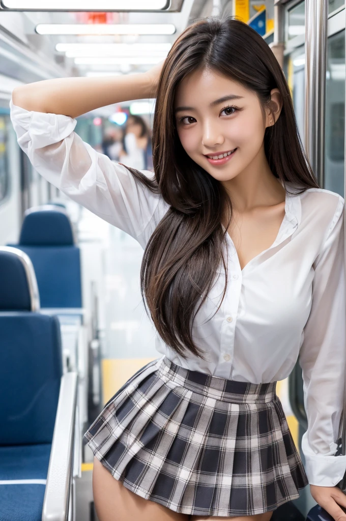 best quality, 8k, very delicate and beautiful, highly detailed face and skin texture, shiny skin, high resolution, sexy long hair japanese girl in white shirt and short plaid skirt on a train with big smile, sharp focus