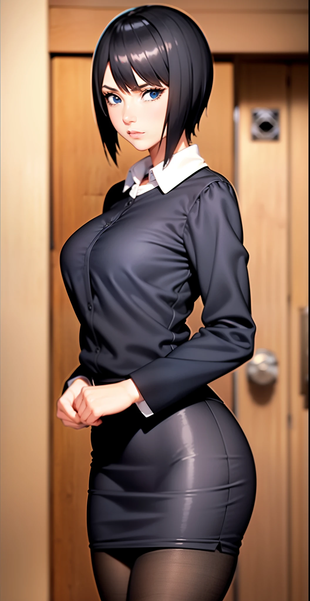 High Resolution, HD, Best Quality, Extremely Detailed, masterpiece, (best quality), 1 woman, 1 girl, Shizune, short hair, mature female, (White Collared Shirt), (Black Pencil Skirt), (Black Pantyhose), ((Slim Body)), (Medium Breasts), (Thin Waist), (Wide Hips), (Heart Shaped Butt), sexy woman, (Nothing in hands), vibrant colors, natural lighting ,RTX, beautiful, (detailed face:1.2), showcase, (perfect eyes:1.1), 8K UHD, looking at viewer, in an office, simple backround