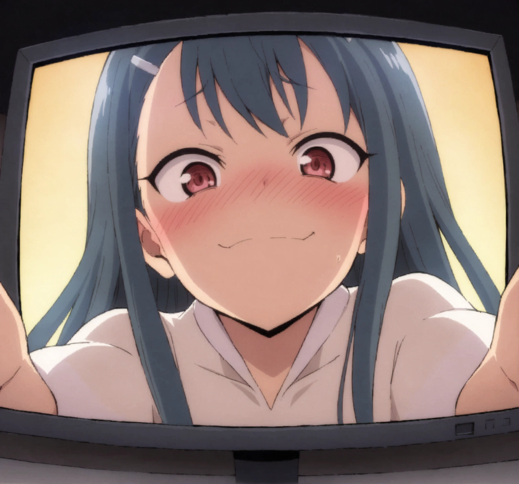 A slim girl of medium build, coming out of a monitor screen from the perspective of the person in front of the monitor. The girl must have an anime style, with details in his facial expression and posture that suggest he is interacting with the viewer.